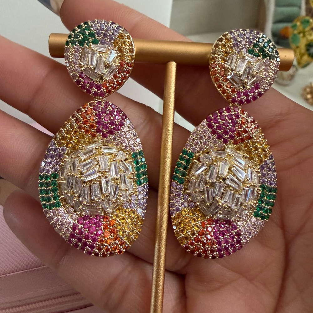 18k gold plated Multi-Color Crystal Drop Earrings - Vibrant Rainbow Statement